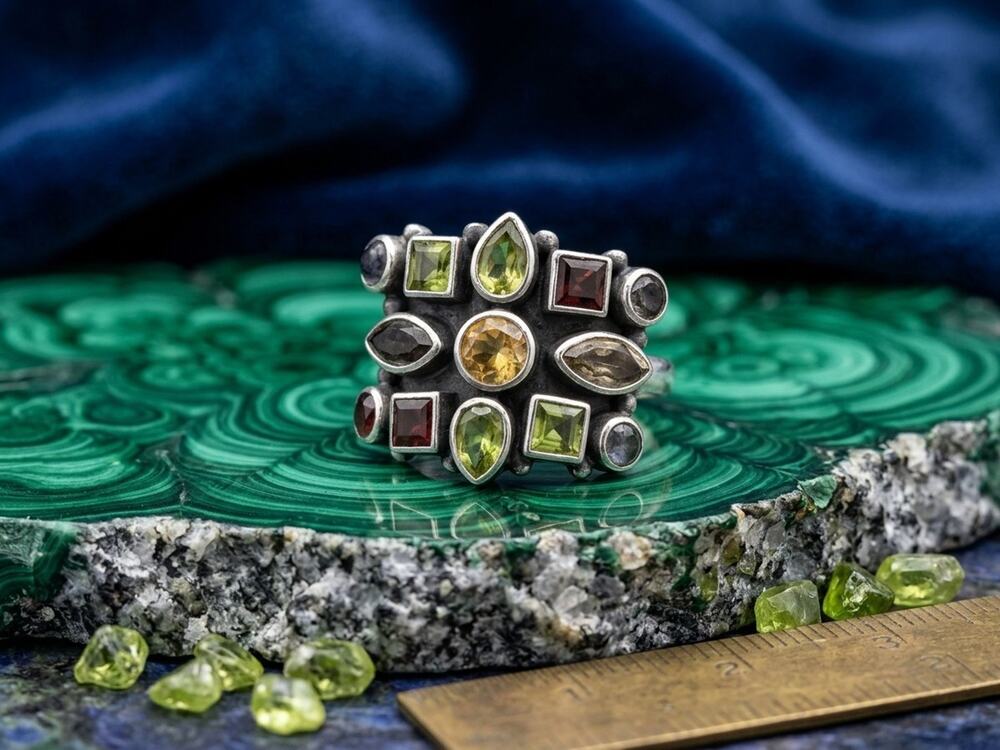 925 STERLING Multi Gemstone Cluster Statement Cocktail Ring Multicolor Womens
